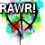 Pixelated icon with colorful splatter background, black heart outline, and text "RAW!" in top-left; green dinosaur shape with "in dinosaur silly!" text below.