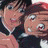 A 48x48 pixel animated buddy icon featuring two anime-style characters on the left and text elements on a black background to the right, displayed as a contact sheet with two frames.
