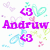 Pixelated icon with 'Andruw' text in purple, surrounded by hearts and floral shapes in pastel colors.