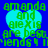 Blue background with four identical cyan heart shapes containing green text reading 'amanda and alexis are best friends' in pixelated font.