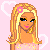 Pixel art contact sheet showing four animated frames of a cartoon doll character with blonde hair and pink accessories against a heart-patterned background, displaying sequential leg movement and text changes.