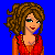 Pixel art icon of a woman with brown curly hair wearing a red dress against a solid blue background.