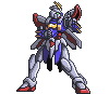 Four pixel-art mecha poses on gray background: standing with arms raised, same pose with green eyes, wide stance with fists clenched, and forward-lunge with weapon drawn.