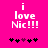 Pixelated text 'i love Nic!!!' on bright pink background with five heart symbols below, two black hearts and one purple heart in the center.