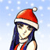Pixelated character with long dark blue hair wearing a red Santa hat with white trim and a white and red outfit against a light blue background with white square patterns.