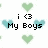 Pixelated icon with black text 'i <3 My Boys' surrounded by light green and light blue hearts on white background.