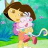Pixelated cartoon character with brown hair, yellow face, and pink-and-purple outfit holding a white tennis racket against green-blue background.