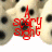 Animated icon with repeating light-colored dog faces featuring black eyes and noses, overlaid with red pixelated text changing across frames.