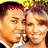 Two people in close proximity with red text overlay reading 'i love you.' against a blurred background.