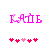 Two side-by-side pixelated images of the word KATE in bright pink letters with a of pink and light pink heart symbols below, showing animation changes in heart positions