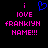 Pixelated text and symbols on black background: pink 'i LOVE FRANKIYN NAME!!!' with blue heart above left, identical right side.