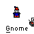 Pixel art character with red hat and blue outfit appears in multiple states including static, flame, and explosion effects, with 'Gnome' text below each instance.