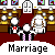 Pixelated cartoon wedding scene with multiple identical figures in tuxedos and white dresses, each with speech bubbles containing marriage-related text.