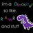 Pixelated static image with black background, featuring text fragments and a purple dinosaur-like creature on the right.