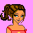 Pixel art buddy icon featuring a cartoon woman with brown hair in a ponytail wearing a red strapless top against a pink background, next to partially visible purple text and logo elements.