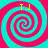 Four identical spiral patterns arranged in a , each with cyan and magenta swirls and yellow text "T.J" at the top
