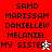 Pixelated text list with animated character icons on red and white backgrounds, displaying names like SAMD MARISSAM DANIELLEW MELANIEL MY SISTERS.