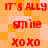 Red pixelated text on a checkered orange background displays 'IT'S ALLY', 'smile', and 'xoxo' in a repeating pattern.
