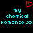 Red pixelated heart above cyan text reading 'my chemical romance..xx' repeated twice on black background.