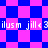 Pixelated blue and pink checkered background with repeated text "ilusm jill<3" in white, two distinct background patterns visible across frames.