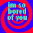 Four identical display cyan text 'im so bored of you' over red and blue spiral backgrounds with pixelated edges