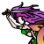 Pixelated character with purple hair, green accents, and a sword-like weapon held in a raised position against a white background.