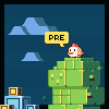 Pixel art animation of a character on green blocks with speech bubbles showing 'PRE' then 'BRE', against blue sky and clouds.