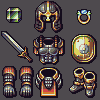 Pixel art set of nine medieval fantasy armor and weapon items arranged in a 3x3 grid on dark gray background.