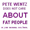 Static pixelated text image with purple lettering on white background reading "PETE WENTZ DOES NOT CARE ABOUT FAT PEOPLE or your momma. ooo. burn.".