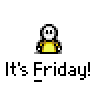 A 4x3 contact sheet of a pixel art animated icon showing a yellow stick figure with white face and black eyes across multiple frames, displaying text bubbles that read "WELL.. I'M GETTIN' DRUNK TONIGHT!" while repeating the phrase "It's Friday!" below each frame.