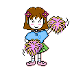 Pixel art cheerleader character with brown hair and pink flowers, holding purple-and-yellow pom-poms in two animated frames showing arm movement.