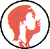 Six circular red-and-white silhouettes of a person in various poses and expressions on gray background.