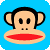Pixelated monkey face with black hair, large ears, and red lips on a solid blue background.