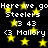 Black background with yellow stars and repeated white text reading 'Here we go Steelers' and '43 Mallory' in pixelated font.