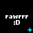 Pixelated text 'rawrrr :D' with cyan symbols changing across three on black background
