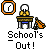 Animated contact sheet of a pixel art school-themed buddy icon showing sequential frames of a stick figure character with clock icons and text "School's Out!" across multiple states including sitting, running, and cloud effects.