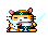 Pixelated hamster-like character with orange-brown fur, white muzzle, and pink ears wears blue headband; holds light-blue sword in right hand across chest.
