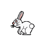 Pixelated white rabbit with pink inner ears and red eyes, holding a black carrot, in various jumping and crouching poses against a gray background.