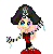 Pixel art contact sheet showing four frames of an animated character with black hair, red skirt, and striped socks performing a sequence of movements while displaying text phrases.