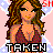 Pixelated cartoon-style icon of a woman with long curly hair wearing a dark red bikini top, set against a pink background with light blue star shapes and white borders.