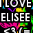 Pixelated graphic with bold white text on black background featuring 'I LOVE ELISEE' and partial numbers, surrounded by colorful pixel clusters in purple, yellow, green, pink, cyan.