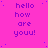 A static image with a bright pink background displaying repeated purple text "hello how are you!" in a pattern with scattered blue dots