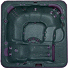 Four distinct hot tub designs displayed in a , each with unique seating configurations and color schemes