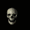 A 3D-rendered skull avatar with red glowing eyes rotates through multiple angles against a black background.