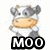 Animated cow icon with gray and white patches, orange nose, black eyes, and a smiling expression; text "MOO" appears below the cow in bold white letters on black background.