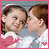 Two children in white and pink clothing share a kiss, with heart symbols changing color across frames.
