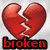 Four variations of a broken heart icon with red text reading 'broken' below each, displayed in different color schemes and styles.