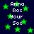 Dark blue background with scattered green stars and repeated white text reading "Anna Rox Your Sox" in pixelated font.