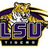 Pixelated icon of a tiger head above bold purple 'LSU' letters with gold and black accents on white background.