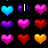 Pixelated heart-shaped icons in various colors arranged on a black background with partial text overlays.